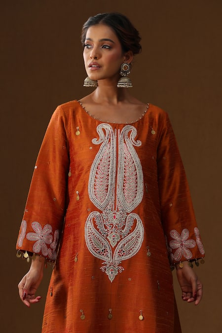 Shop_Arpita Sulakshana_Orange Silk Embroidery, Sequins, Tassels Boat Neck Kesar Tara Kurta Set _Online_at_Aza_Fashions