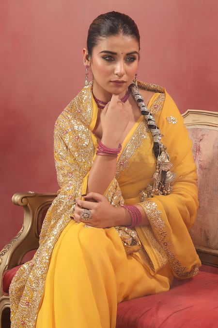 Buy_Anshu Wadhwa_Yellow Chanderi Embroidery, Sequins Saree With Unstitched Blouse _Online_at_Aza_Fashions