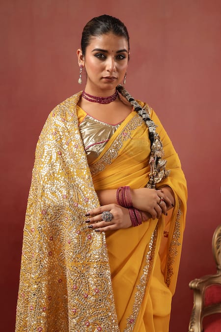 Anshu Wadhwa_Yellow Chanderi Embroidery, Sequins Saree With Unstitched Blouse _at_Aza_Fashions