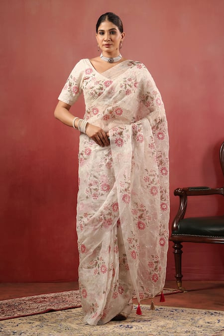 Anshu Wadhwa Chanderi Embroidered Saree With Unstitched Blouse Piece 