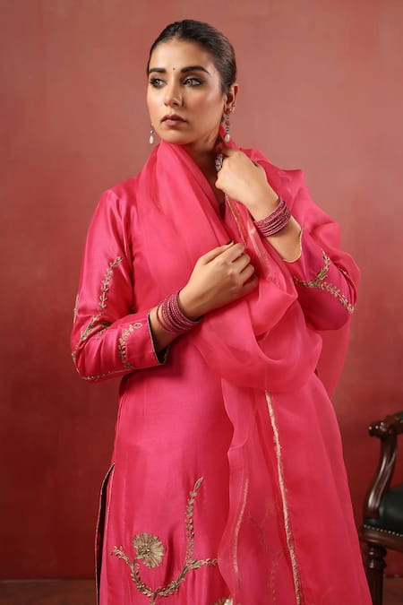 Shop_Anshu Wadhwa_Pink Chanderi Embroidery Square Neck Kurta Palazzo Set _Online_at_Aza_Fashions