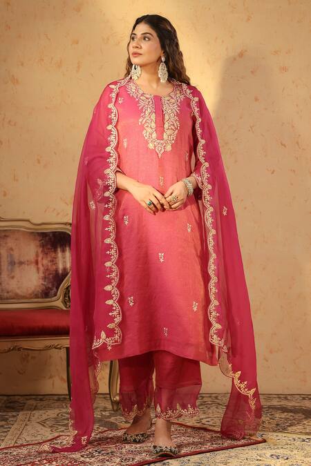 Shop_Anshu Wadhwa_Red Tissue, Chanderi Embroidery, Zari Round Neck, Split Kurta Pant Set _Online_at_Aza_Fashions