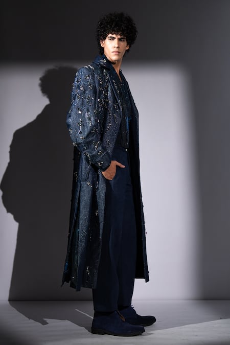 Nikita Mhaisalkar_Blue Denim, Hemp Sequins, Stones, Beads Star Embroidered Trench Jacket _Online_at_Aza_Fashions