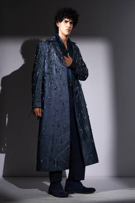 Shop_Nikita Mhaisalkar_Blue Denim, Hemp Sequins, Stones, Beads Star Embroidered Trench Jacket _Online_at_Aza_Fashions
