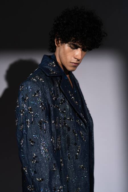 Nikita Mhaisalkar_Blue Denim, Hemp Sequins, Stones, Beads Star Embroidered Trench Jacket _at_Aza_Fashions