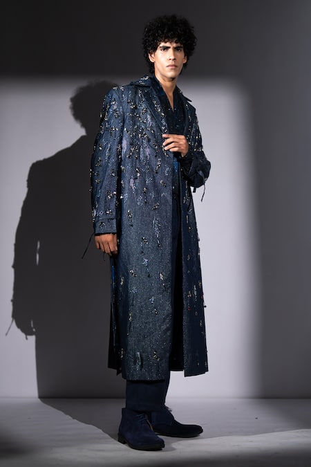 Buy_Nikita Mhaisalkar_Blue Denim, Hemp Sequins, Stones, Beads Star Embroidered Trench Jacket 
