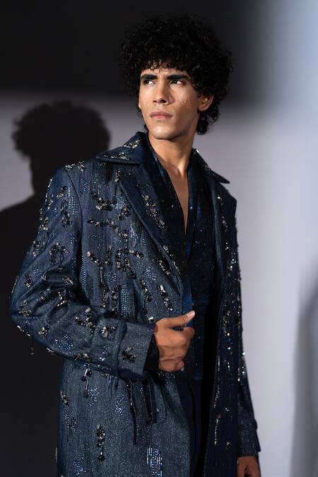 Shop_Nikita Mhaisalkar_Blue Denim, Hemp Sequins, Stones, Beads Star Embroidered Trench Jacket 