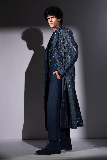 Nikita Mhaisalkar_Blue Suede Straight Fit Pant _Online_at_Aza_Fashions