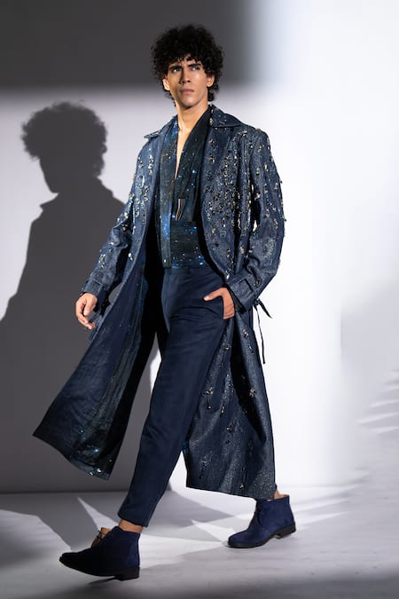 Shop_Nikita Mhaisalkar_Blue Suede Straight Fit Pant _Online_at_Aza_Fashions