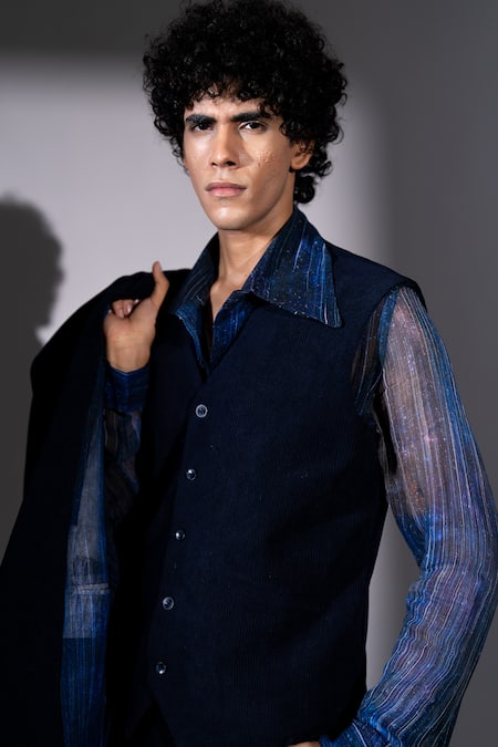 Nikita Mhaisalkar_Blue Georgette Meteor Print Shirt _at_Aza_Fashions