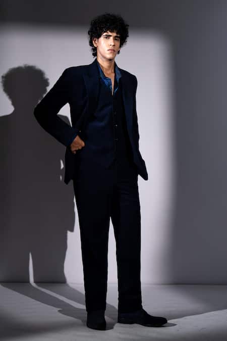 Shop_Nikita Mhaisalkar_Navy Corduroy Suit With Pant _Online_at_Aza_Fashions