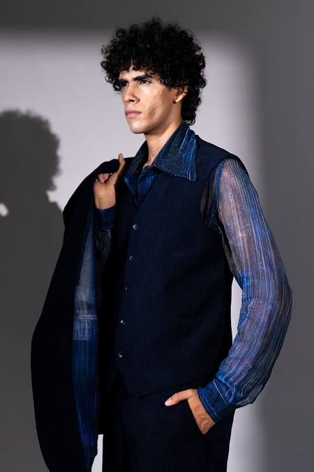 Nikita Mhaisalkar Navy Corduroy Button Front Waistcoat Online at Aza Fashions Nikita Mhaisalkar_Navy Corduroy Button Front Waistcoat _Online_at_Aza_Fashions