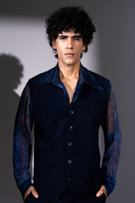 Nikita Mhaisalkar Navy Corduroy Button Front Waistcoat 