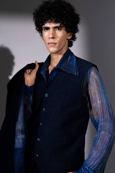 Shop Nikita Mhaisalkar Navy Corduroy Button Front Waistcoat Online at Aza Fashions Shop_Nikita Mhaisalkar_Navy Corduroy Button Front Waistcoat _Online_at_Aza_Fashions