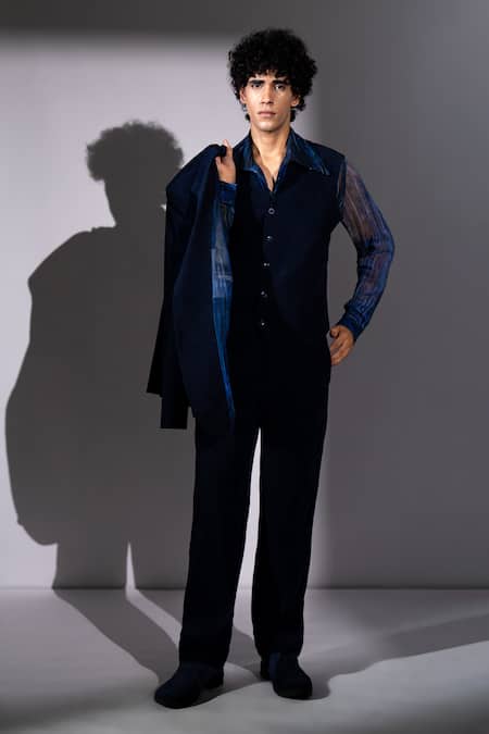 Nikita Mhaisalkar Navy Corduroy Button Front Waistcoat at Aza Fashions Nikita Mhaisalkar_Navy Corduroy Button Front Waistcoat _at_Aza_Fashions