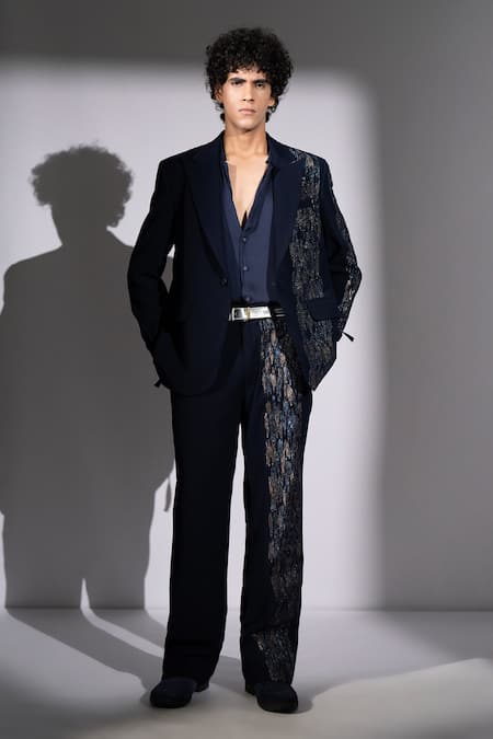 Nikita Mhaisalkar_Navy Suiting Embroidery Meteor And Pant Set _Online_at_Aza_Fashions