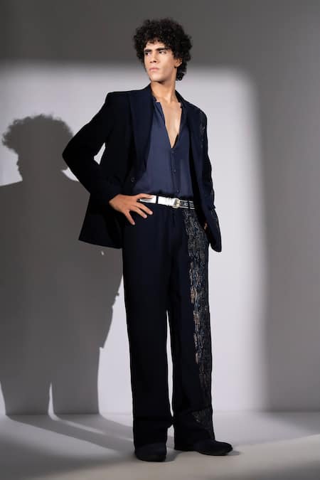 Buy_Nikita Mhaisalkar_Navy Suiting Embroidery Meteor And Pant Set _Online_at_Aza_Fashions