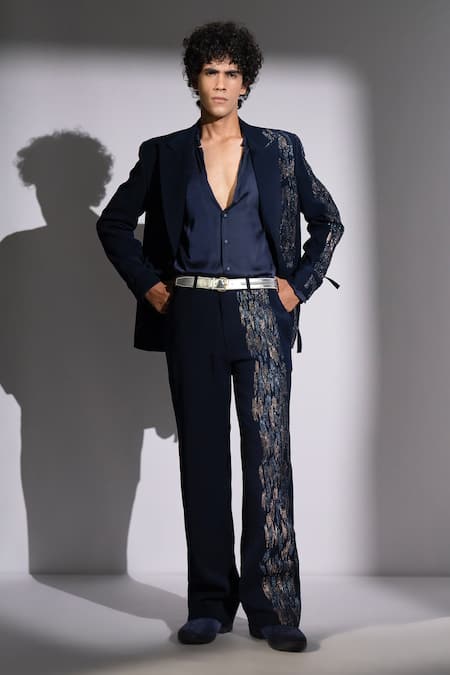 Shop_Nikita Mhaisalkar_Navy Suiting Embroidery Meteor And Pant Set _Online_at_Aza_Fashions