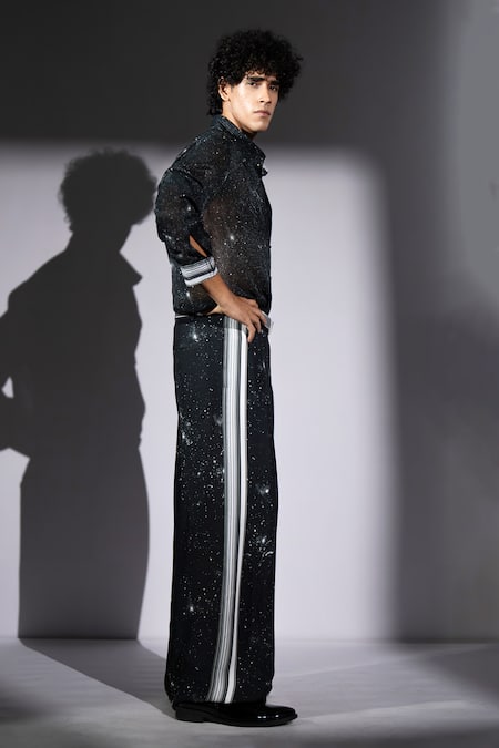 Nikita Mhaisalkar_Black Georgette Sequins Galaxy Print Shirt _Online_at_Aza_Fashions