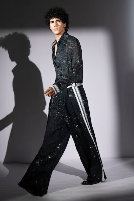 Shop_Nikita Mhaisalkar_Black Georgette Sequins Galaxy Print Shirt _Online_at_Aza_Fashions