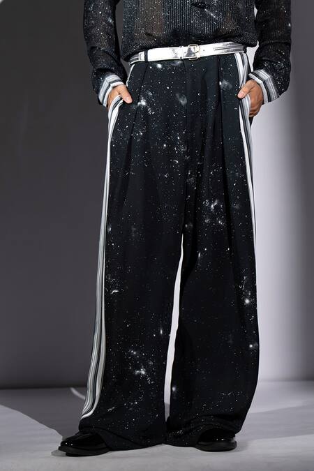 Buy_Nikita Mhaisalkar_Black Georgette Galaxy Print Pleated Pant _Online_at_Aza_Fashions