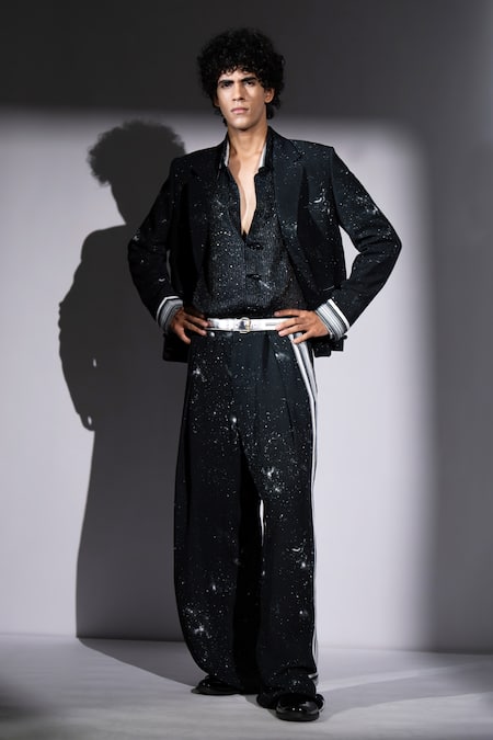 Nikita Mhaisalkar_Black Georgette Galaxy Print Blazer _Online_at_Aza_Fashions