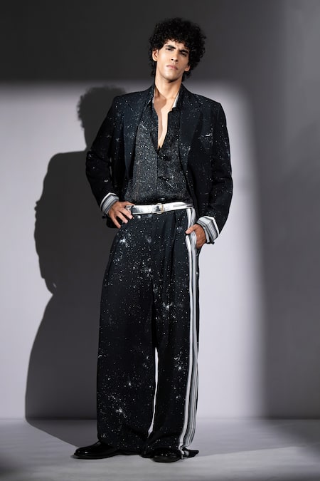 Shop_Nikita Mhaisalkar_Black Georgette Galaxy Print Blazer _Online_at_Aza_Fashions