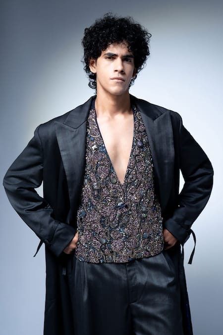 Nikita Mhaisalkar_Black Tulle Cluster Embroidered Vest _Online_at_Aza_Fashions