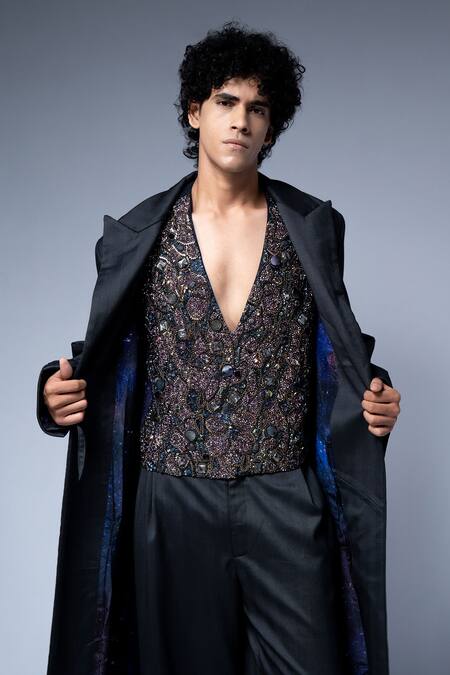 Buy_Nikita Mhaisalkar_Black Tulle Cluster Embroidered Vest _Online_at_Aza_Fashions