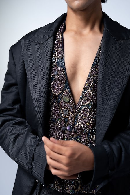 Shop_Nikita Mhaisalkar_Black Tulle Cluster Embroidered Vest _Online_at_Aza_Fashions