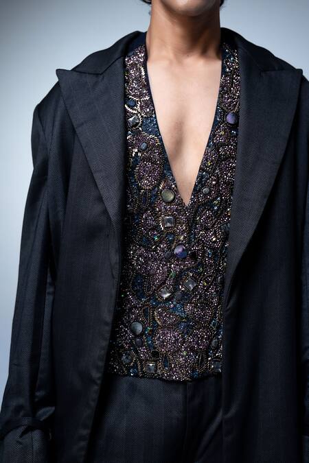 Nikita Mhaisalkar_Black Tulle Cluster Embroidered Vest _at_Aza_Fashions