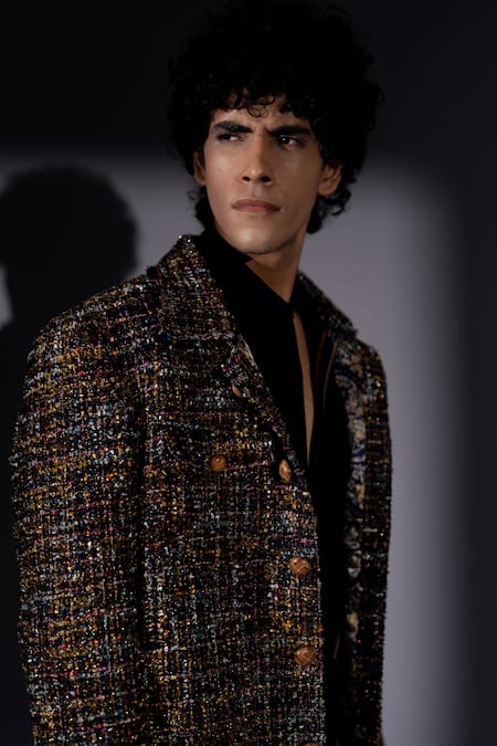 Nikita Mhaisalkar_Black Tweed Multi Color Bomber Jacket _Online_at_Aza_Fashions