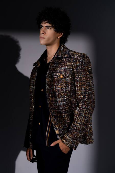 Shop_Nikita Mhaisalkar_Black Tweed Multi Color Bomber Jacket _Online_at_Aza_Fashions