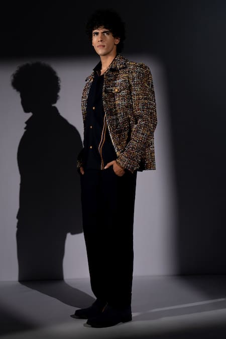 Nikita Mhaisalkar_Black Tweed Multi Color Bomber Jacket _at_Aza_Fashions