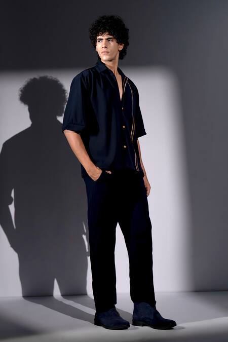 Buy_Nikita Mhaisalkar_Navy Suiting Stripe Pattern Shirt And Pant Set _Online_at_Aza_Fashions