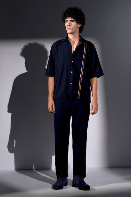 Shop_Nikita Mhaisalkar_Navy Suiting Stripe Pattern Shirt And Pant Set _Online_at_Aza_Fashions