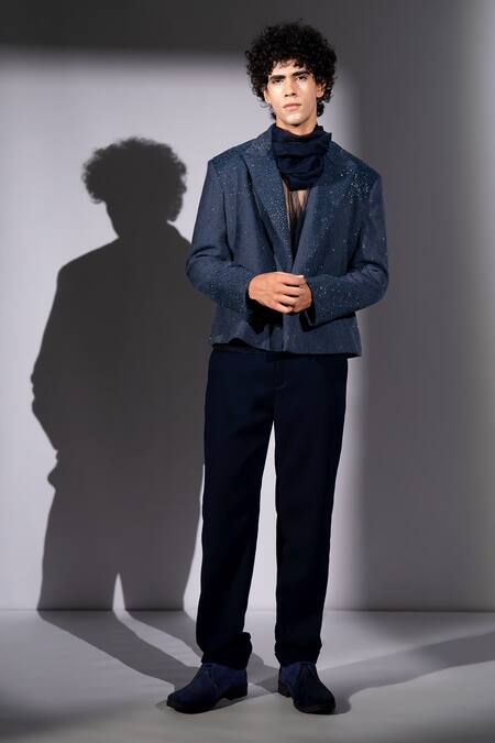 Nikita Mhaisalkar Blue Suiting Sequins Suede Star Burst Embroidered Bomber Jacket Online at Aza Fashions Nikita Mhaisalkar_Blue Suiting Sequins Suede Star Burst Embroidered Bomber Jacket _Online_at_Aza_Fashions