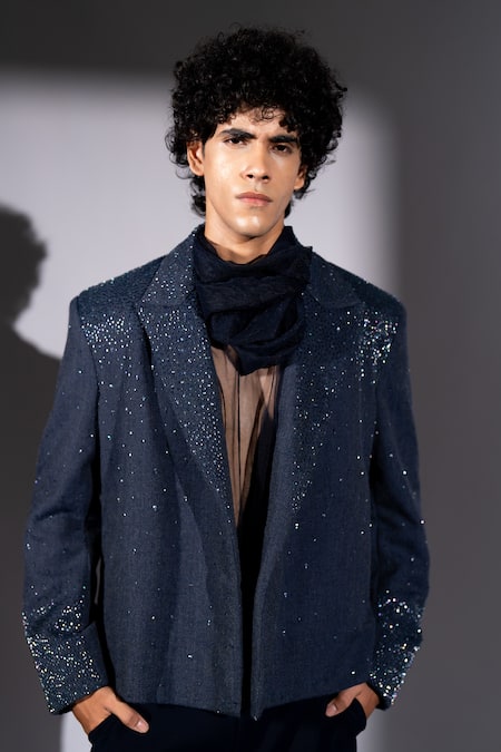 Buy Nikita Mhaisalkar Blue Suiting Sequins Suede Star Burst Embroidered Bomber Jacket Online at Aza Fashions Buy_Nikita Mhaisalkar_Blue Suiting Sequins Suede Star Burst Embroidered Bomber Jacket _Online_at_Aza_Fashions