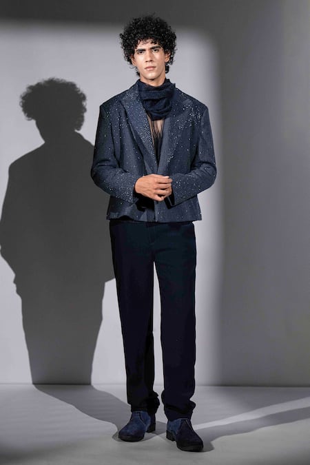 Shop Nikita Mhaisalkar Blue Suiting Sequins Suede Star Burst Embroidered Bomber Jacket Online at Aza Fashions Shop_Nikita Mhaisalkar_Blue Suiting Sequins Suede Star Burst Embroidered Bomber Jacket _Online_at_Aza_Fashions