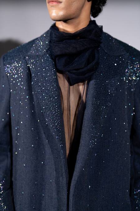 Nikita Mhaisalkar Blue Suiting Sequins Suede Star Burst Embroidered Bomber Jacket at Aza Fashions Nikita Mhaisalkar_Blue Suiting Sequins Suede Star Burst Embroidered Bomber Jacket _at_Aza_Fashions