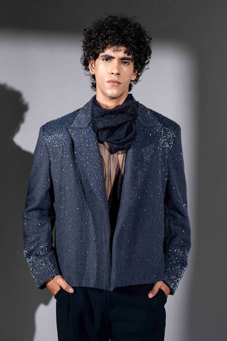 Nikita Mhaisalkar_Navy Tulle Shirt With Cowl Scarf _Online_at_Aza_Fashions