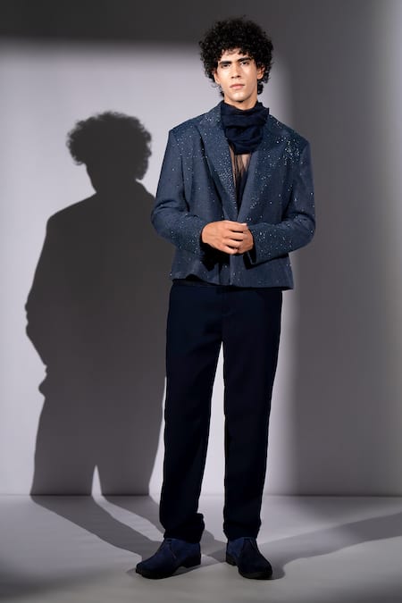 Buy_Nikita Mhaisalkar_Navy Tulle Shirt With Cowl Scarf _Online_at_Aza_Fashions