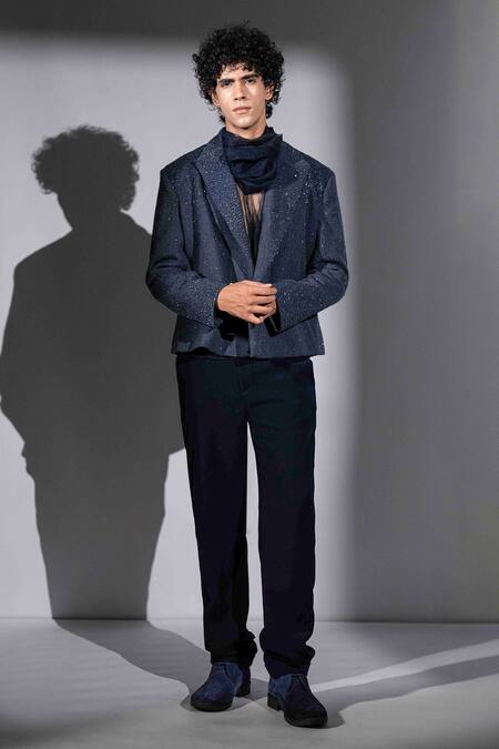 Shop_Nikita Mhaisalkar_Navy Tulle Shirt With Cowl Scarf _Online_at_Aza_Fashions