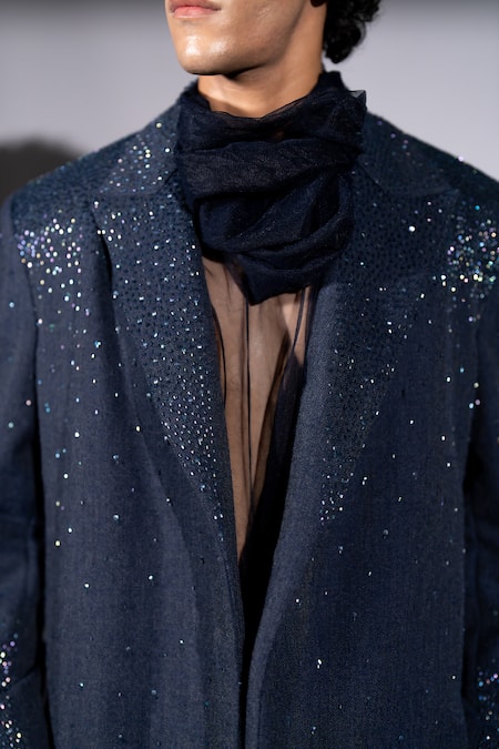 Nikita Mhaisalkar_Navy Tulle Shirt With Cowl Scarf _at_Aza_Fashions