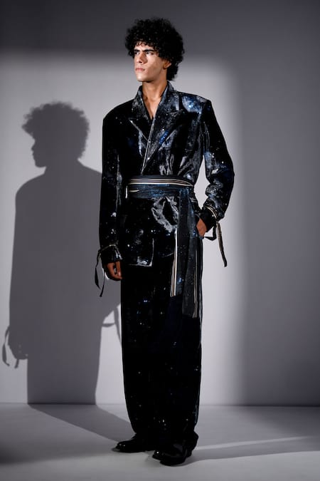 Nikita Mhaisalkar_Blue Velvet Galaxy Print Suit And Pant Set _Online_at_Aza_Fashions