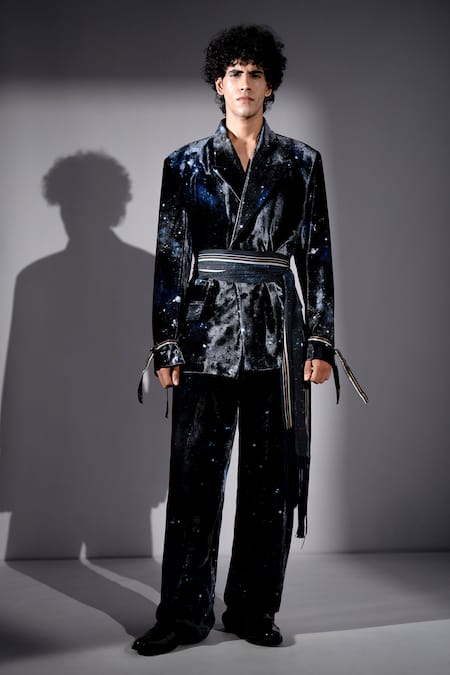Shop_Nikita Mhaisalkar_Blue Velvet Galaxy Print Suit And Pant Set _Online_at_Aza_Fashions