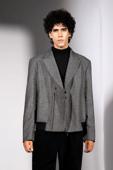 Shop_Nikita Mhaisalkar_Gray Suiting Checks Luxe Blazer _Online_at_Aza_Fashions