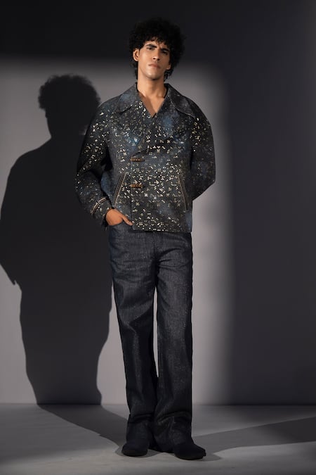 Nikita Mhaisalkar_Black Georgette Sequins Galaxy Print Bomber Jacket _Online_at_Aza_Fashions