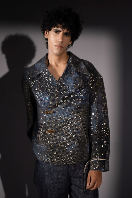 Buy_Nikita Mhaisalkar_Black Georgette Sequins Galaxy Print Bomber Jacket _Online_at_Aza_Fashions