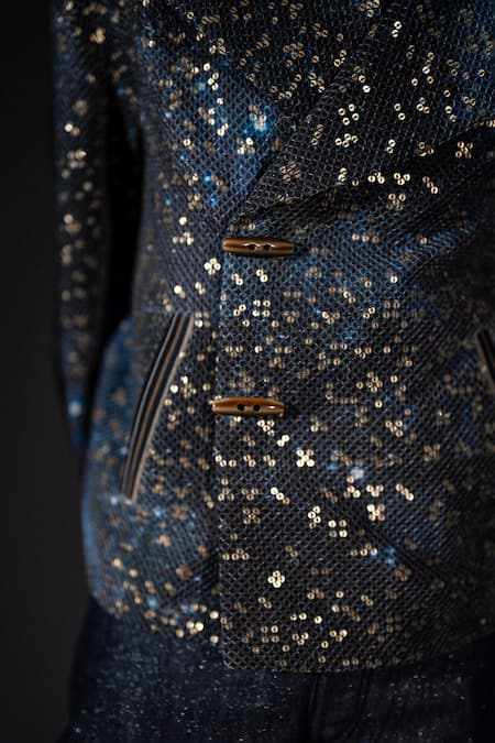 Shop_Nikita Mhaisalkar_Black Georgette Sequins Galaxy Print Bomber Jacket _Online_at_Aza_Fashions